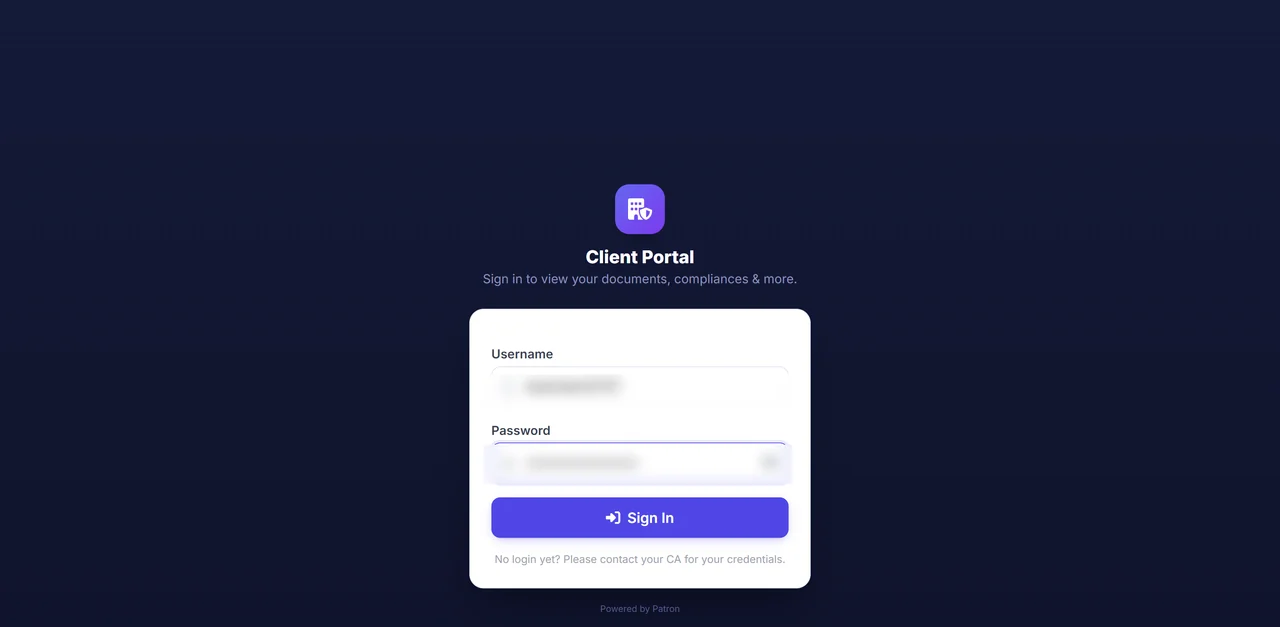 Secure client portal login screen