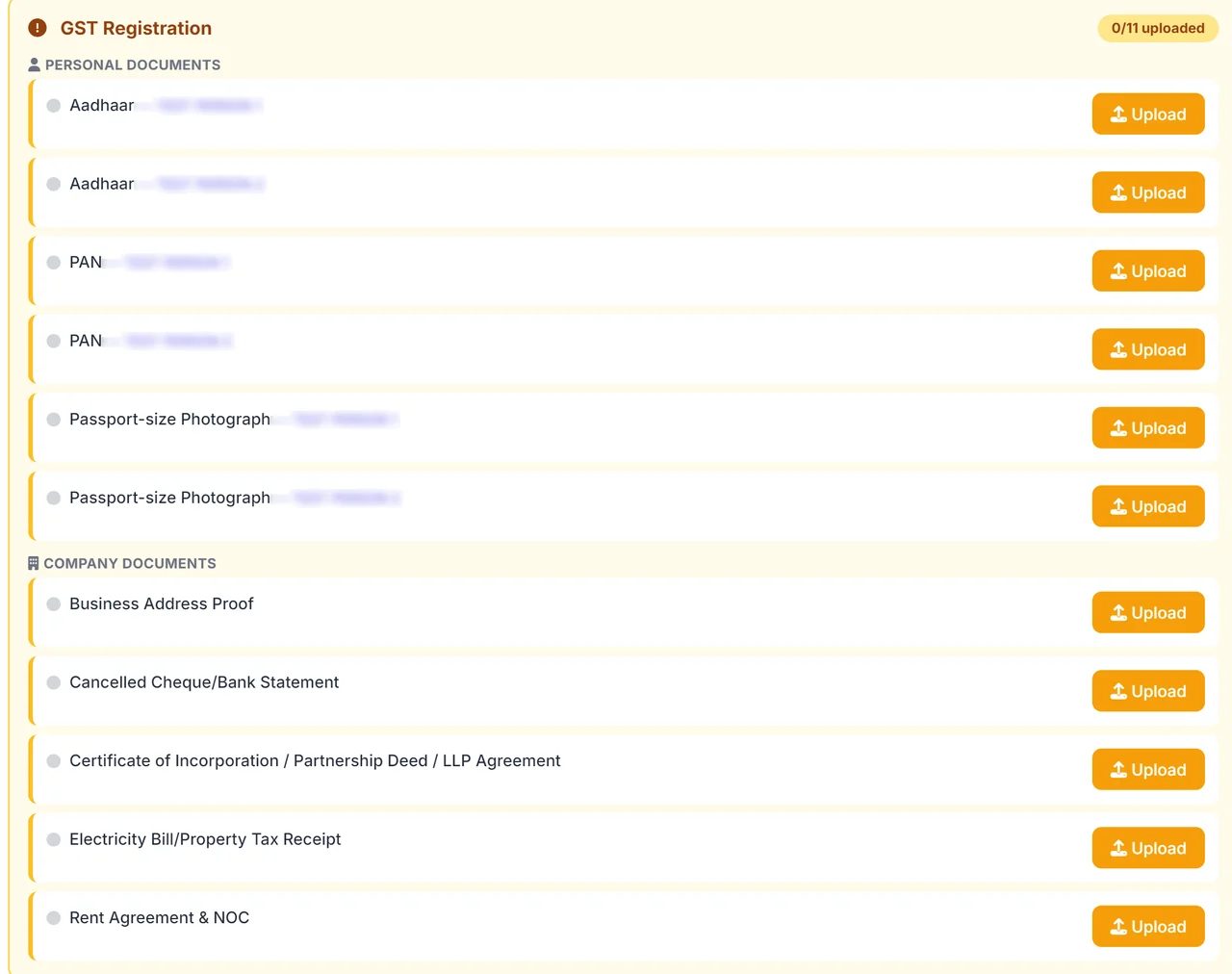 GST registration document checklist in the client portal, with an upload button beside each item