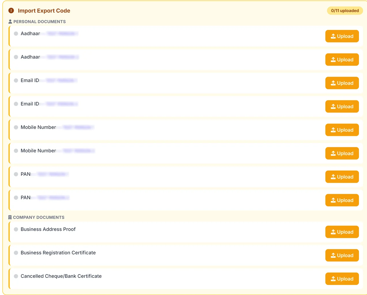 Import Export Code document checklist in the client portal, with an upload button beside each item