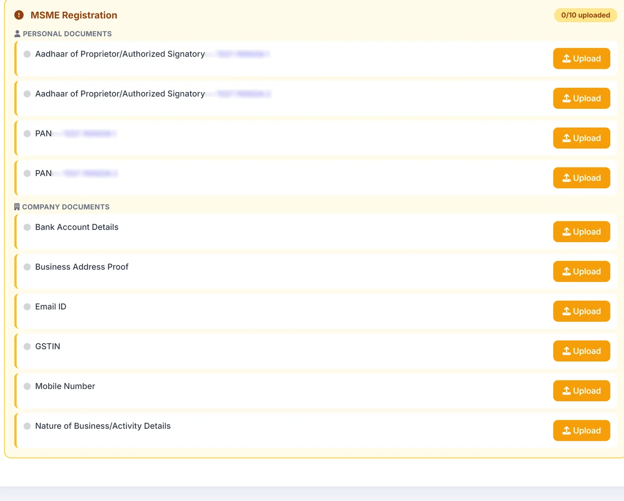 MSME and Udyam registration document checklist in the client portal, with an upload button beside each item