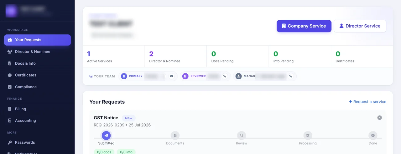 Live request tracker inside the client portal