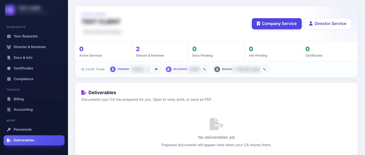 Deliverables area of the client portal