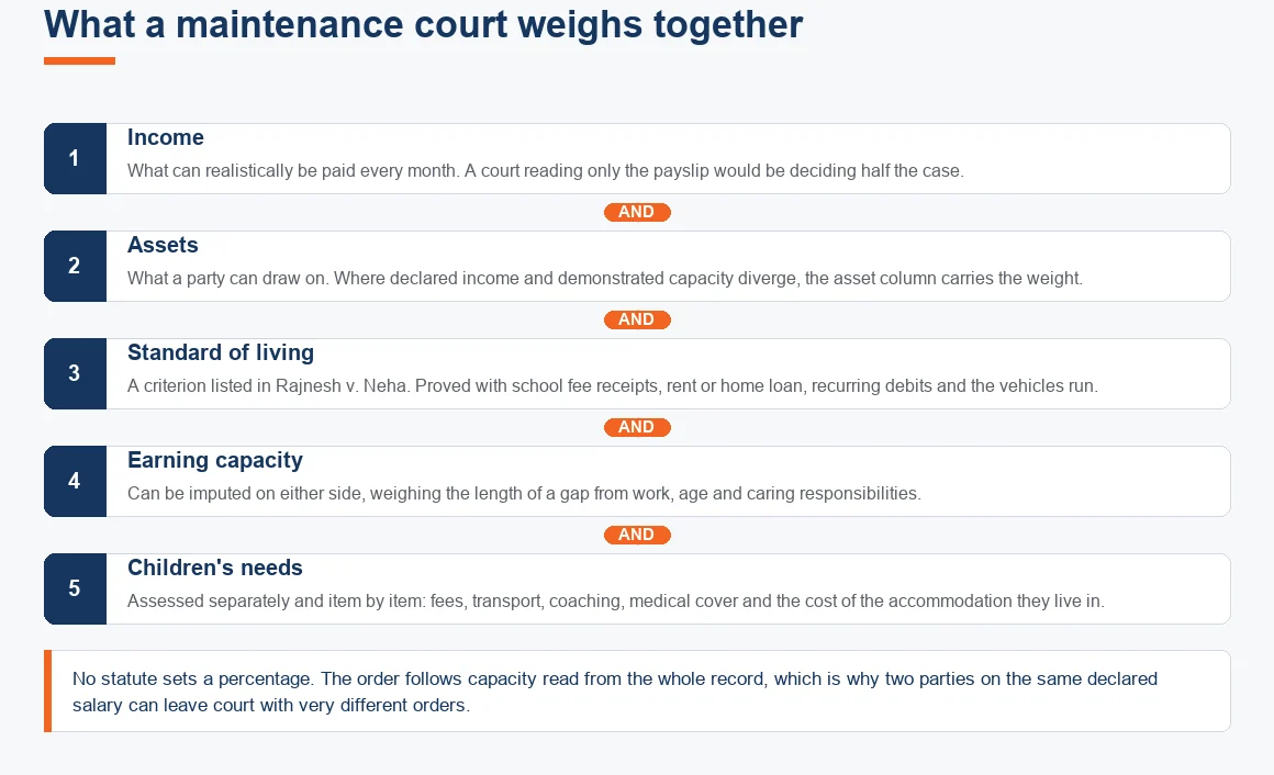 What a court weighs in a maintenance case: income, assets, standard of living, earning capacity, children's needs