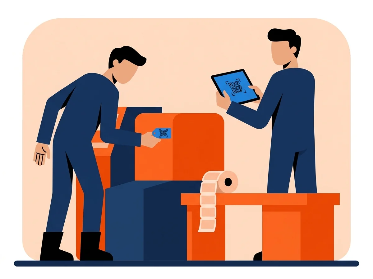 Worker fixing a durable tag to a machine while a colleague binds the code to one register line