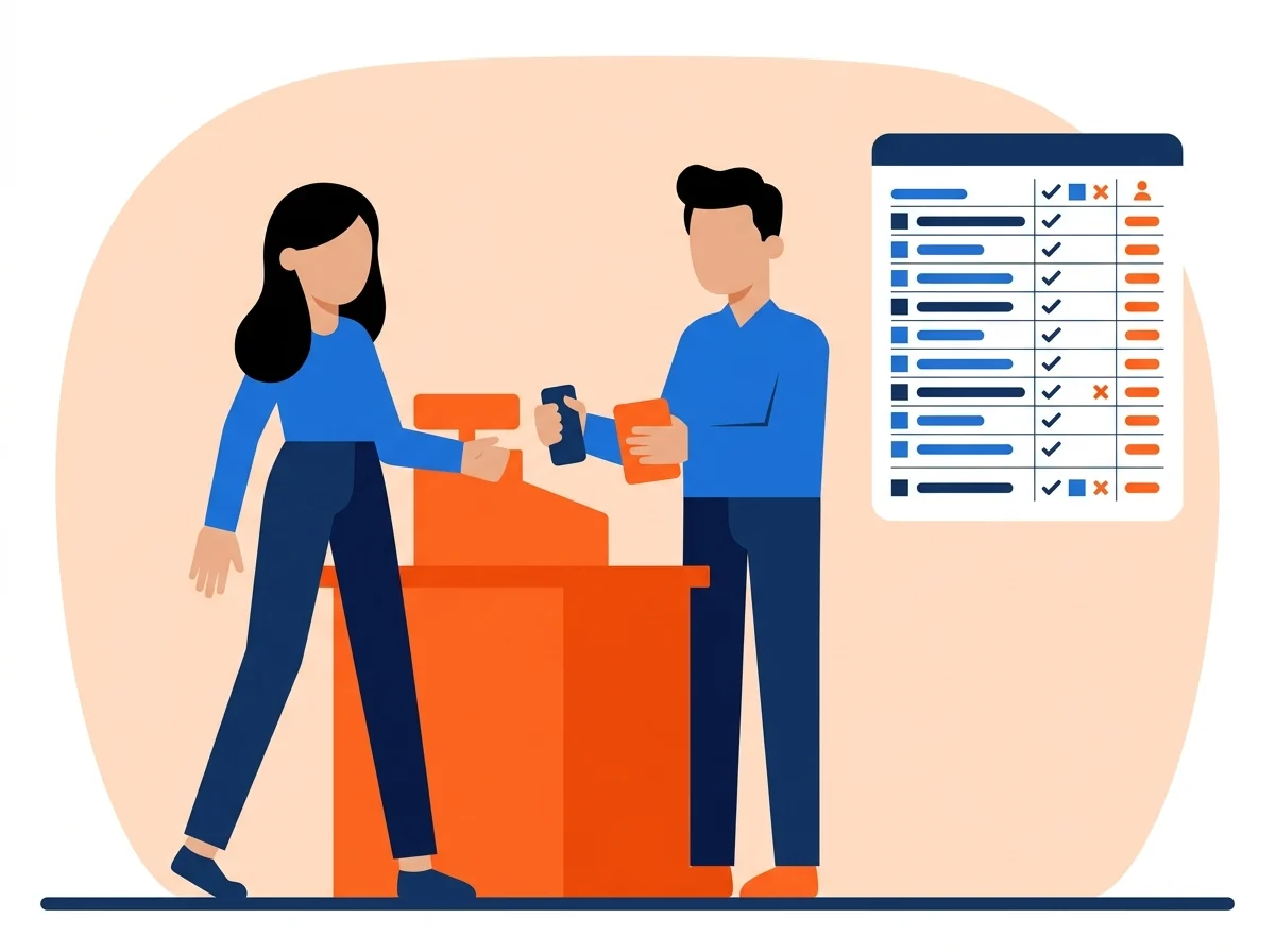 An unannounced shopper visit at a retail counter, scored afterwards against a fixed scorecard