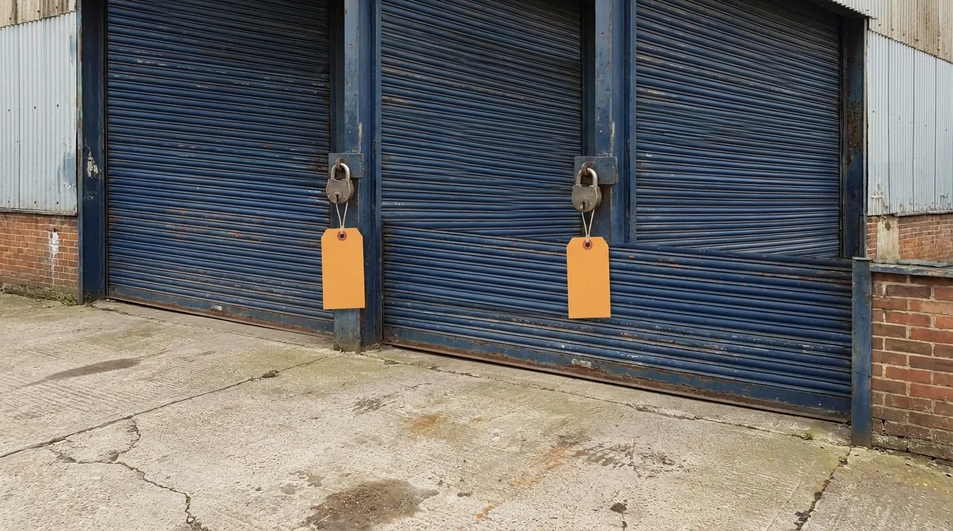 Two padlocked godown roller shutters side by side, each with a blank card tag hanging from the lock