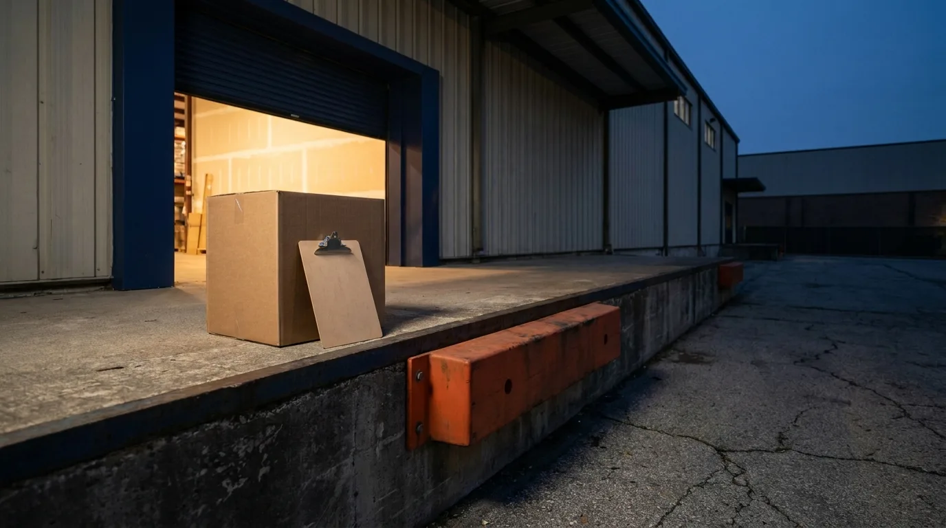 A closed delivery van backed up to a dispatch bay at dusk, with a blank clipboard docket resting on a sealed carton