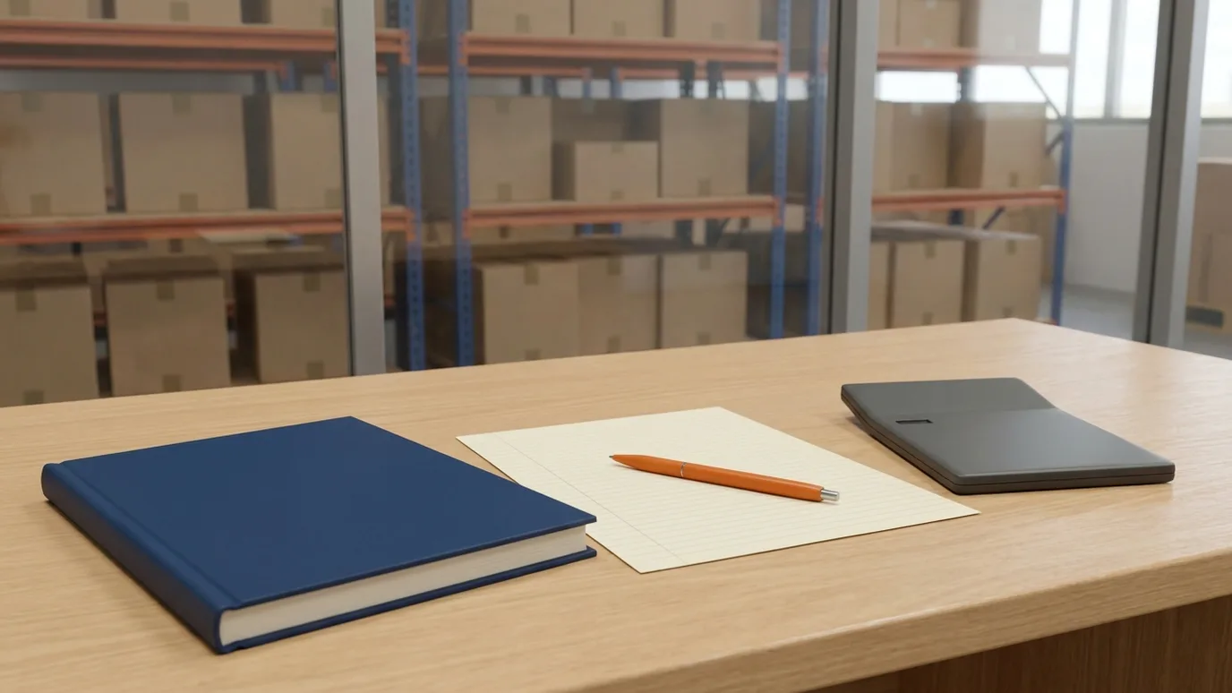 Closed navy ledger, a sheet of blank ruled paper and an orange pen on a factory office desk, with warehouse racks out of focus behind a glass partition