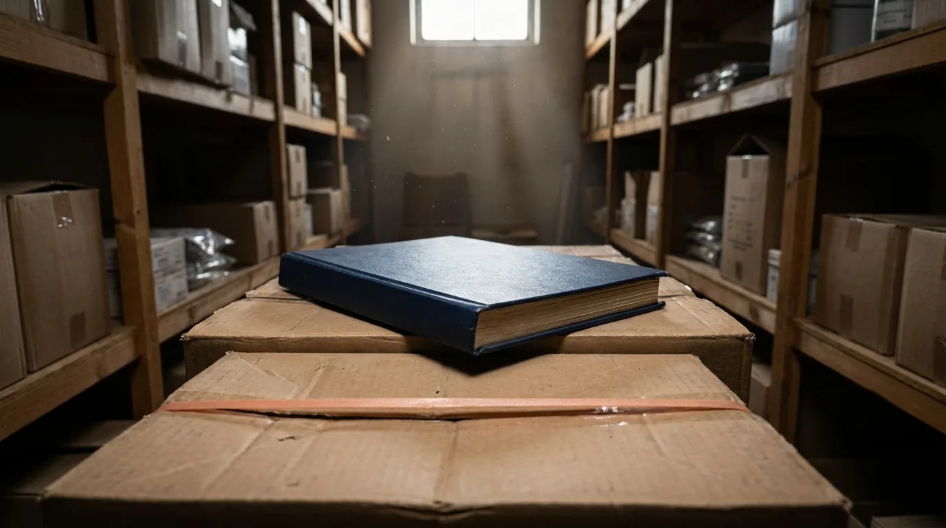 A bound stock register lying closed on stacked cartons in a narrow godown aisle lit from a high window