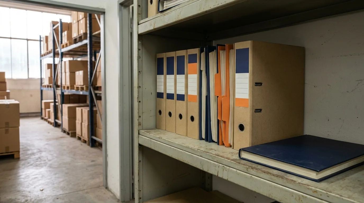 Lever-arch files with blank coloured dividers and a closed ledger on a shelf in a factory office, stock racks visible through an open door