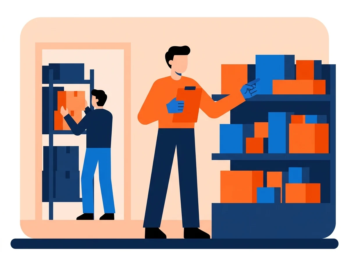 Counting stock on the shop floor and in the stockroom behind, as two separate locations