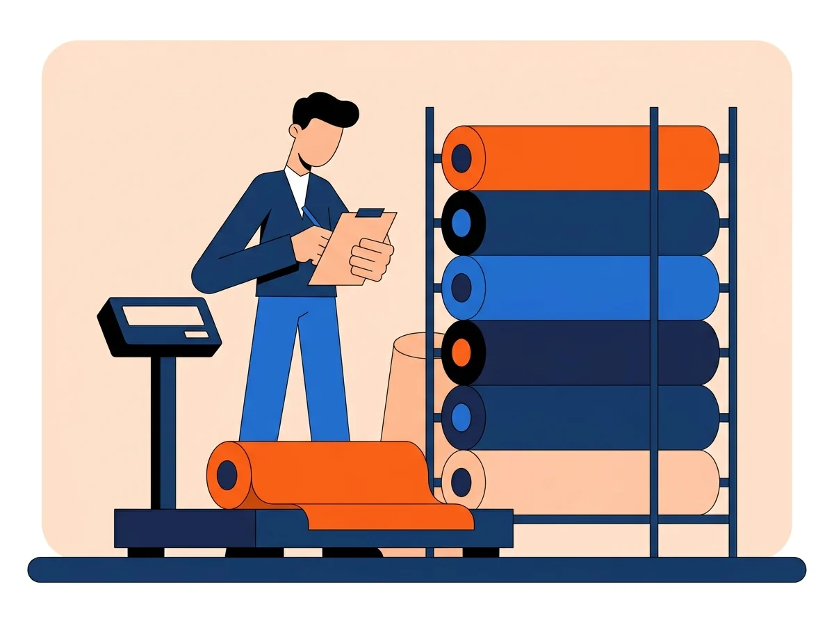Weighing fabric rolls rather than measuring length, because value follows weight not metres