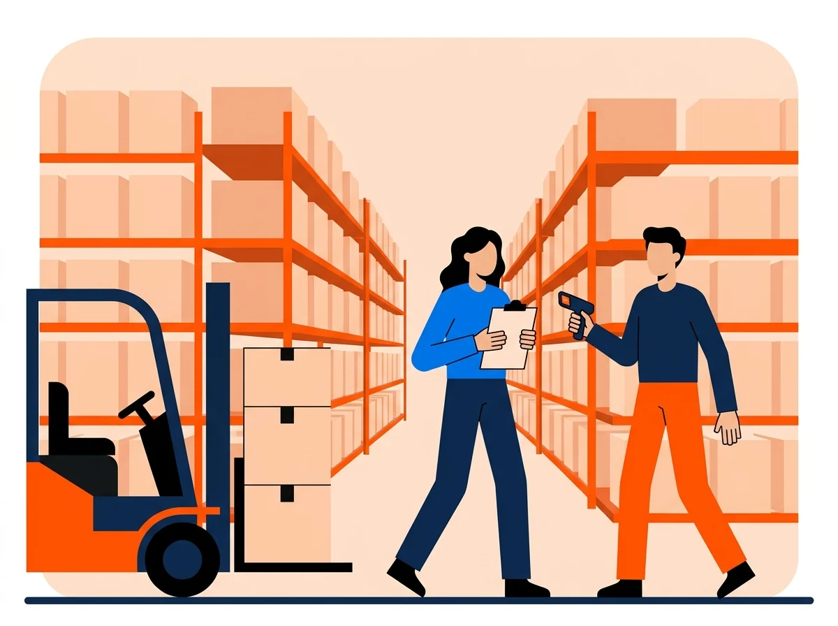 Walking numbered bin positions in a racked warehouse so every location is counted exactly once