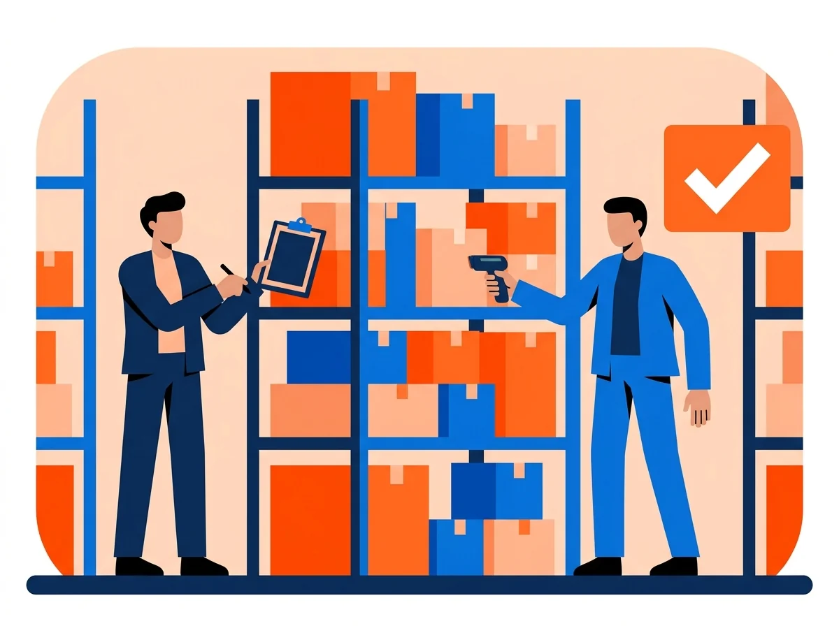 Auditors checking recorded stock against cartons on a warehouse rack during a physical count