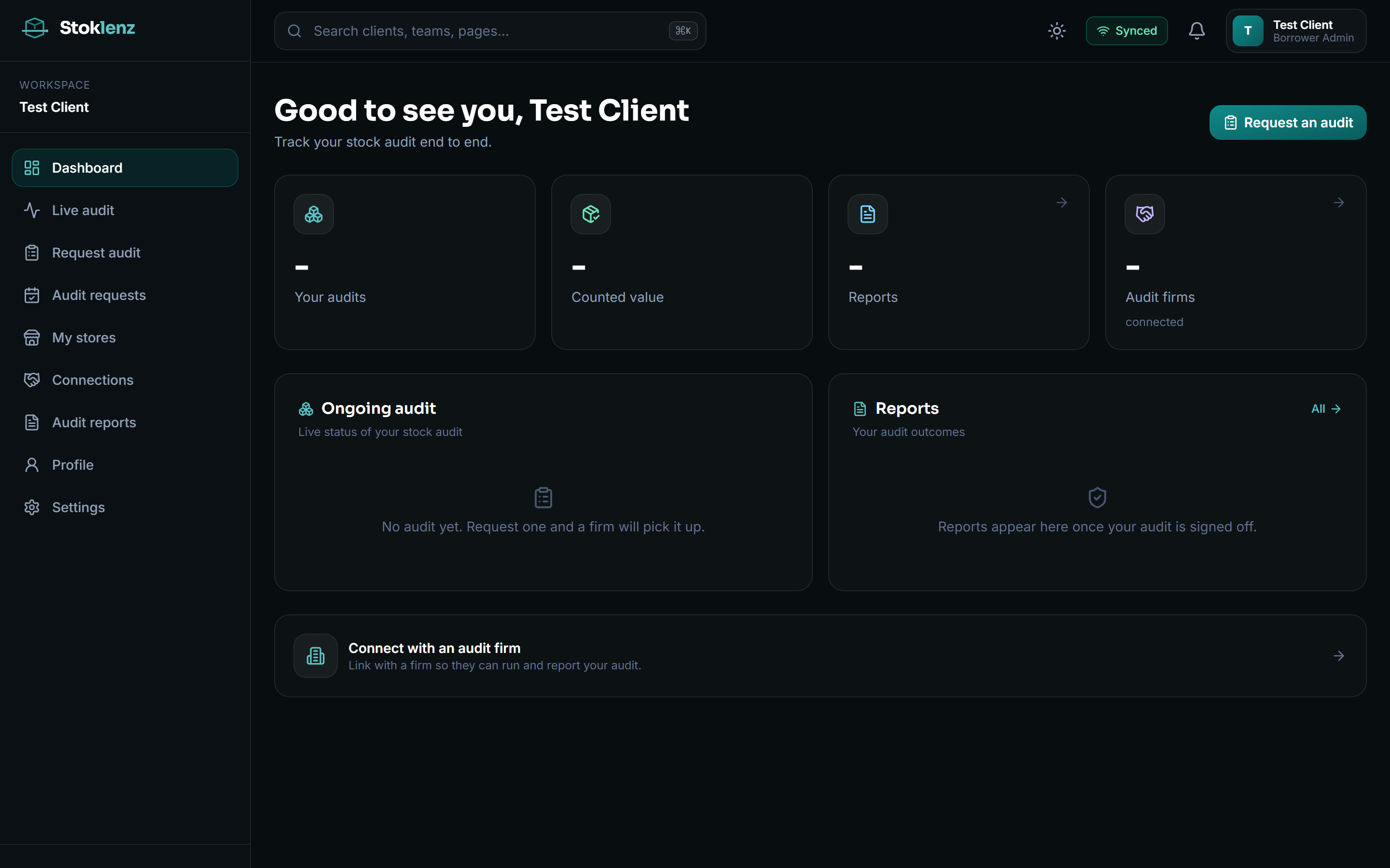 Dashboard: audits, counted value, reports and connected firms in one workspace