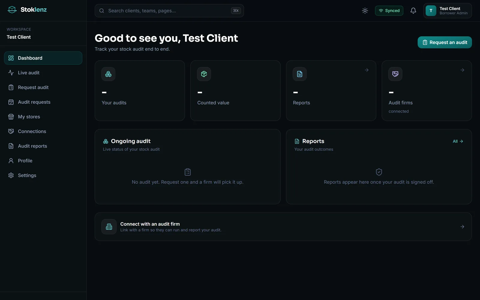 Dashboard: audits, counted value, reports and connected firms in one workspace