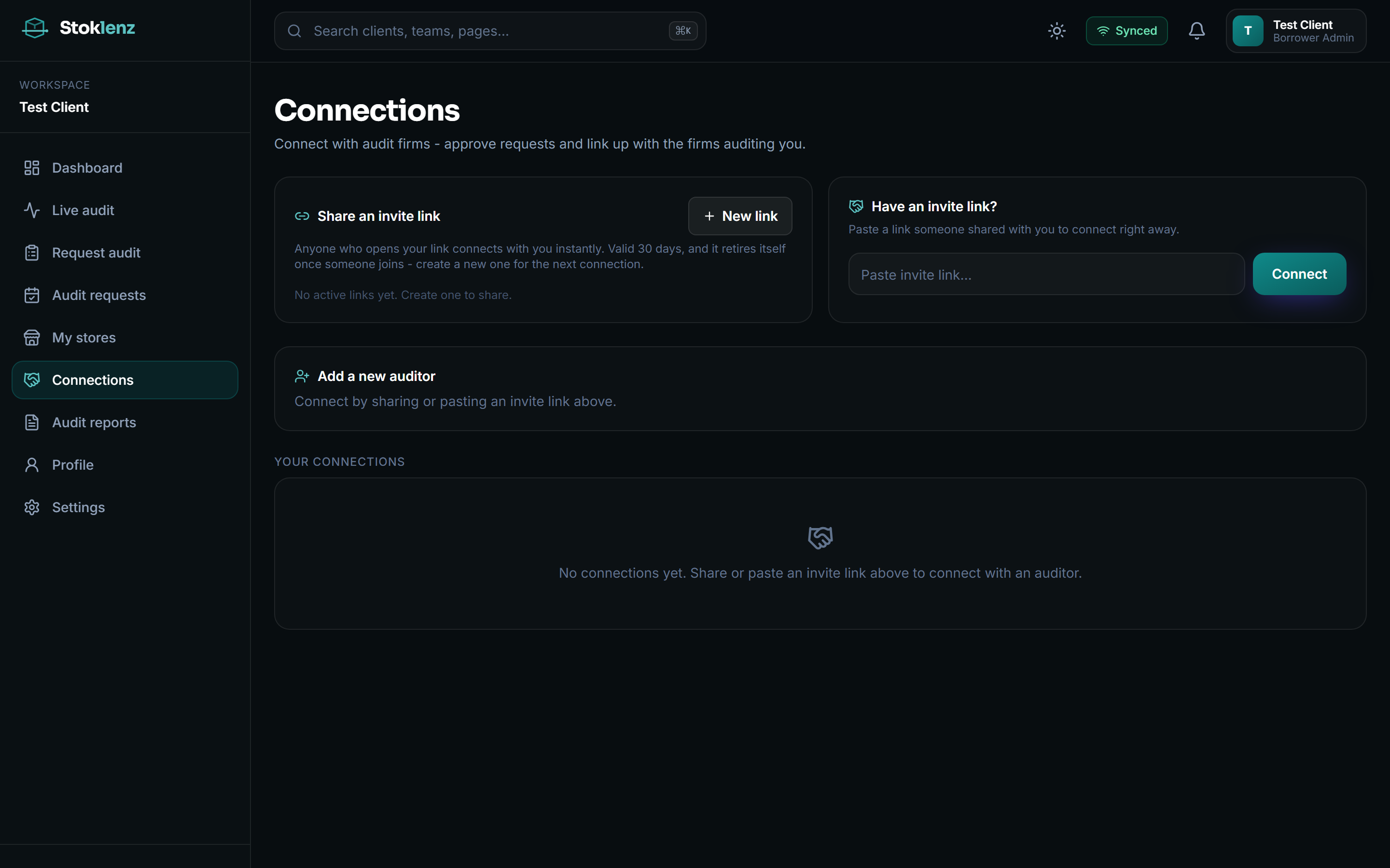 Connections: the audit firm linked to the borrower's workspace, which is what lets it run and report the count