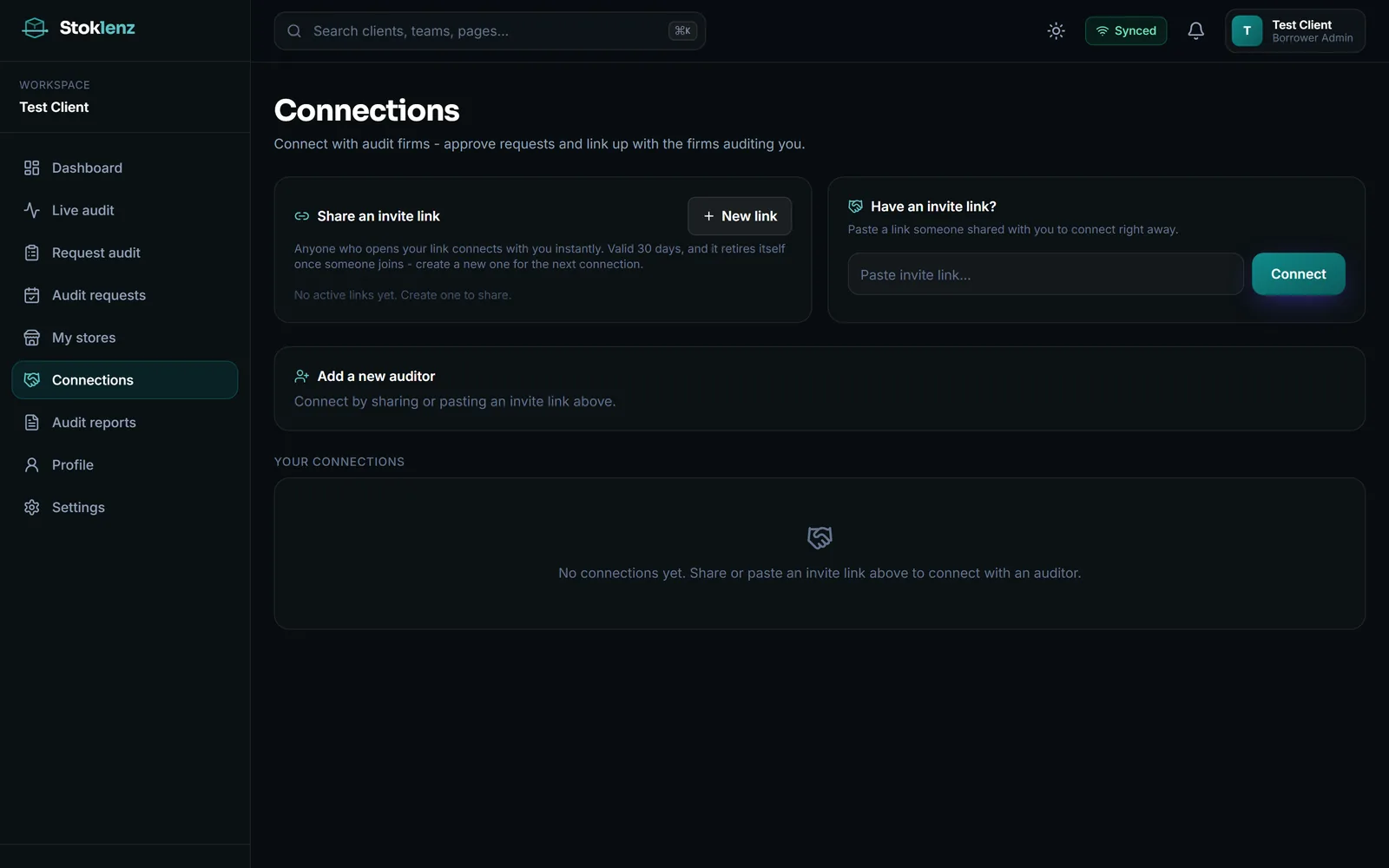 Connections: the audit firm linked to the borrower's workspace, which is what lets it run and report the count