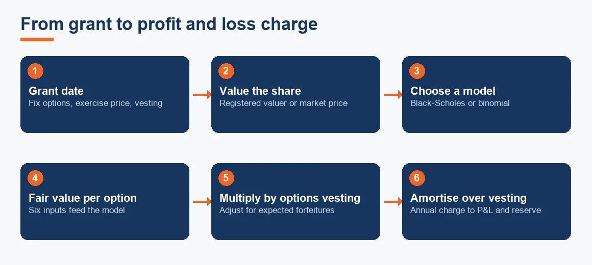 Flow diagram tracing an ESOP from grant date through valuation to the annual profit and loss charge.