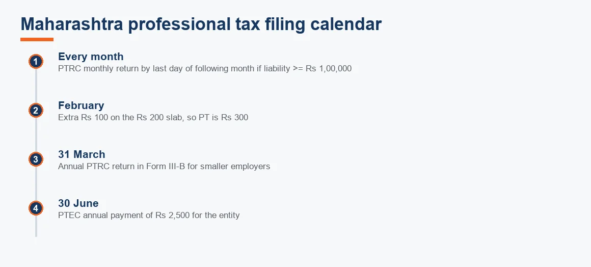 Timeline showing the monthly, February, 31 March and 30 June professional tax deadlines in Maharashtra.